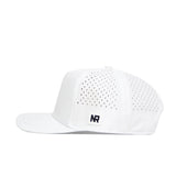 The No Rivals Alabama Golf Hat - White features a flat brim, side ventilation holes, and a black NR logo patch with embroidered graphics on the front left side. It is displayed in a side profile against a white background.