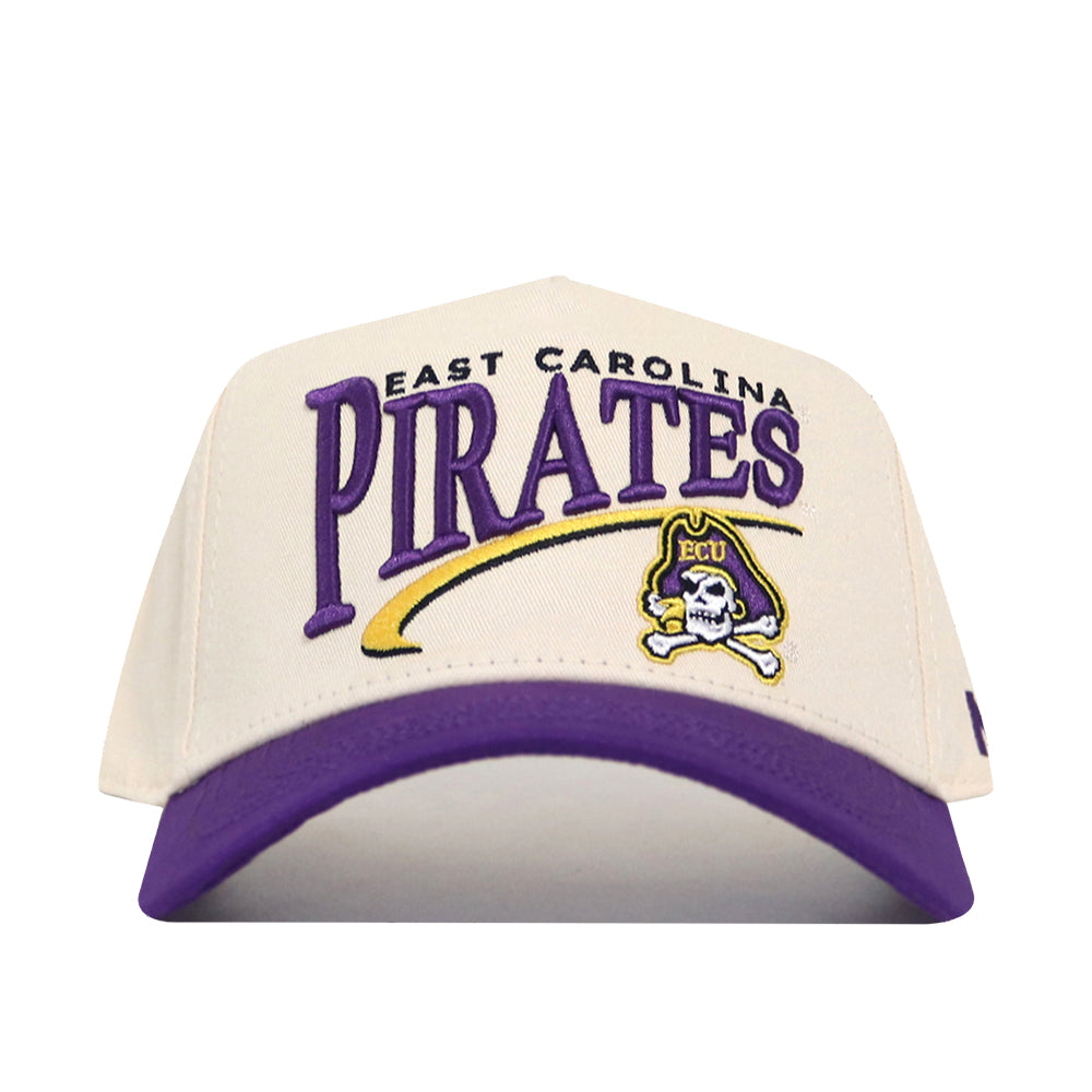 The No Rivals ECU Pirates Stride Hat is a beige and purple snapback featuring officially licensed embroidered East Carolina Pirates text and the ECU Pirates logo with a pirate skull.