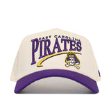 The No Rivals ECU Pirates Stride Hat is a beige and purple snapback featuring officially licensed embroidered East Carolina Pirates text and the ECU Pirates logo with a pirate skull.