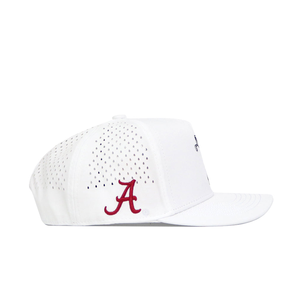 Side view of the Alabama Golf Hat - White by No Rivals, featuring small ventilation holes, a stitched red letter A on the left side, and a classic snapback closure.