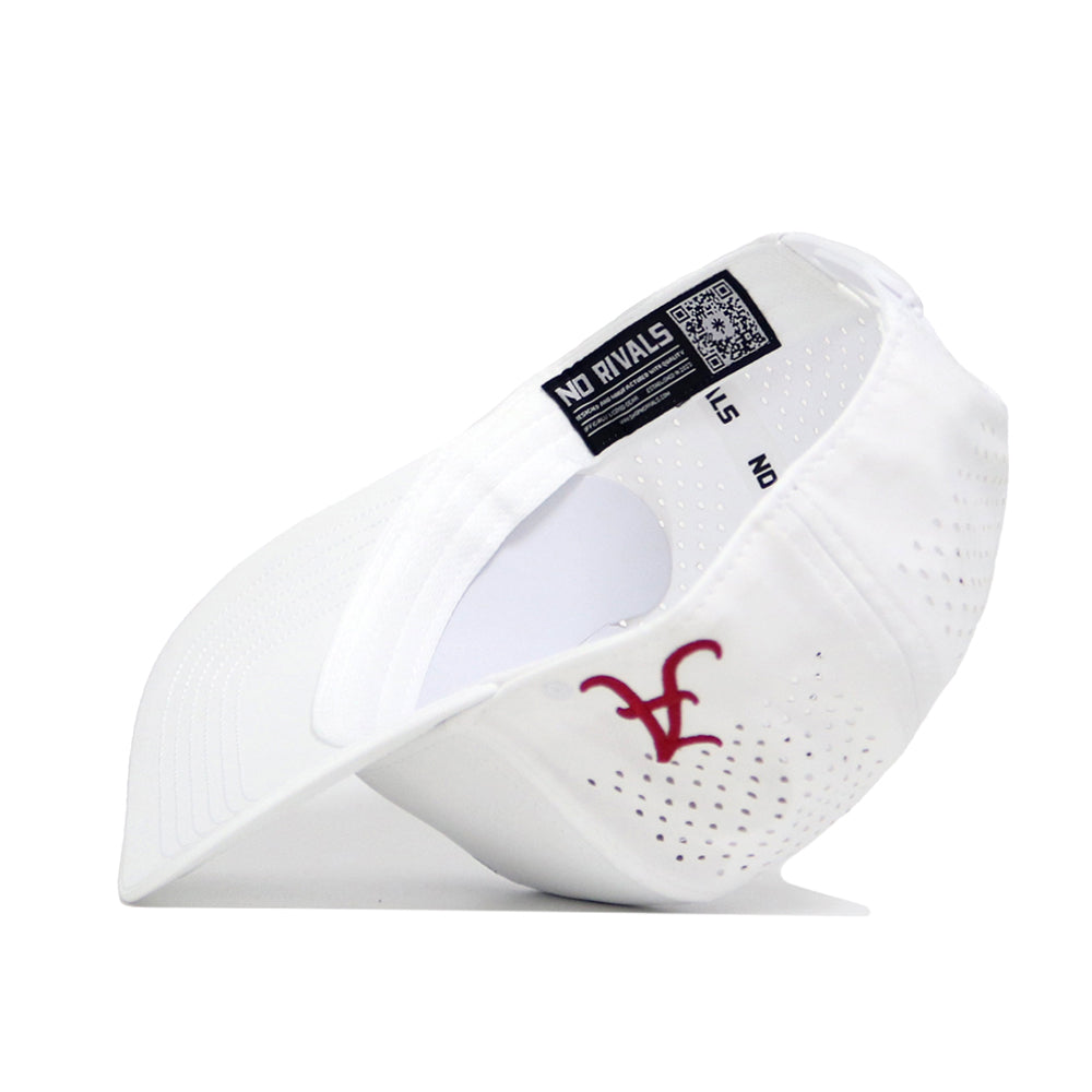 The Alabama Golf Hat - White by No Rivals is displayed on its side, showcasing an embroidered maroon V logo on the front, side ventilation holes, and a black inner label reading NO RIVALS.