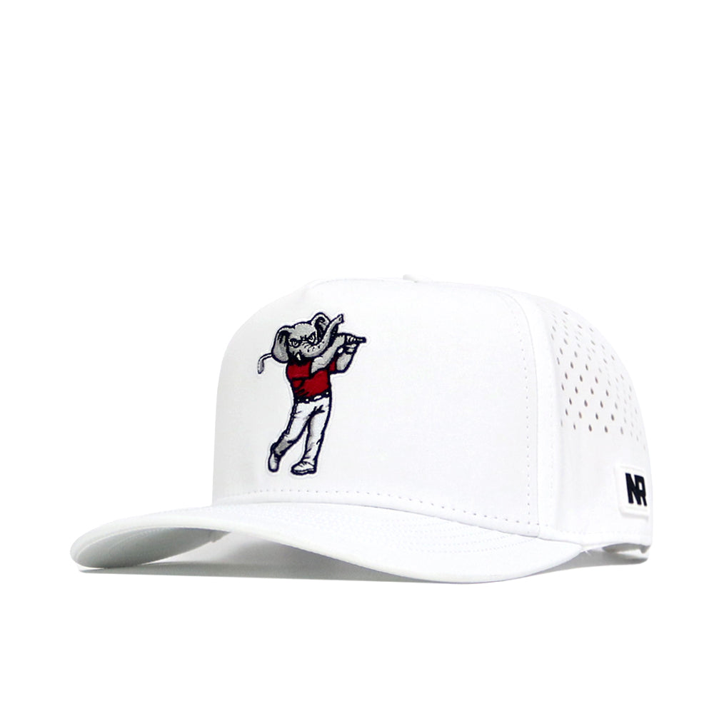 The No Rivals Alabama Golf Hat - White features a cartoon elephant in a red shirt and white pants with a golf club, side ventilation holes, snapback closure, and a black logo patch on the brim for a stylish, fun look.