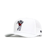 The No Rivals Alabama Golf Hat - White features a cartoon elephant in a red shirt and white pants with a golf club, side ventilation holes, snapback closure, and a black logo patch on the brim for a stylish, fun look.