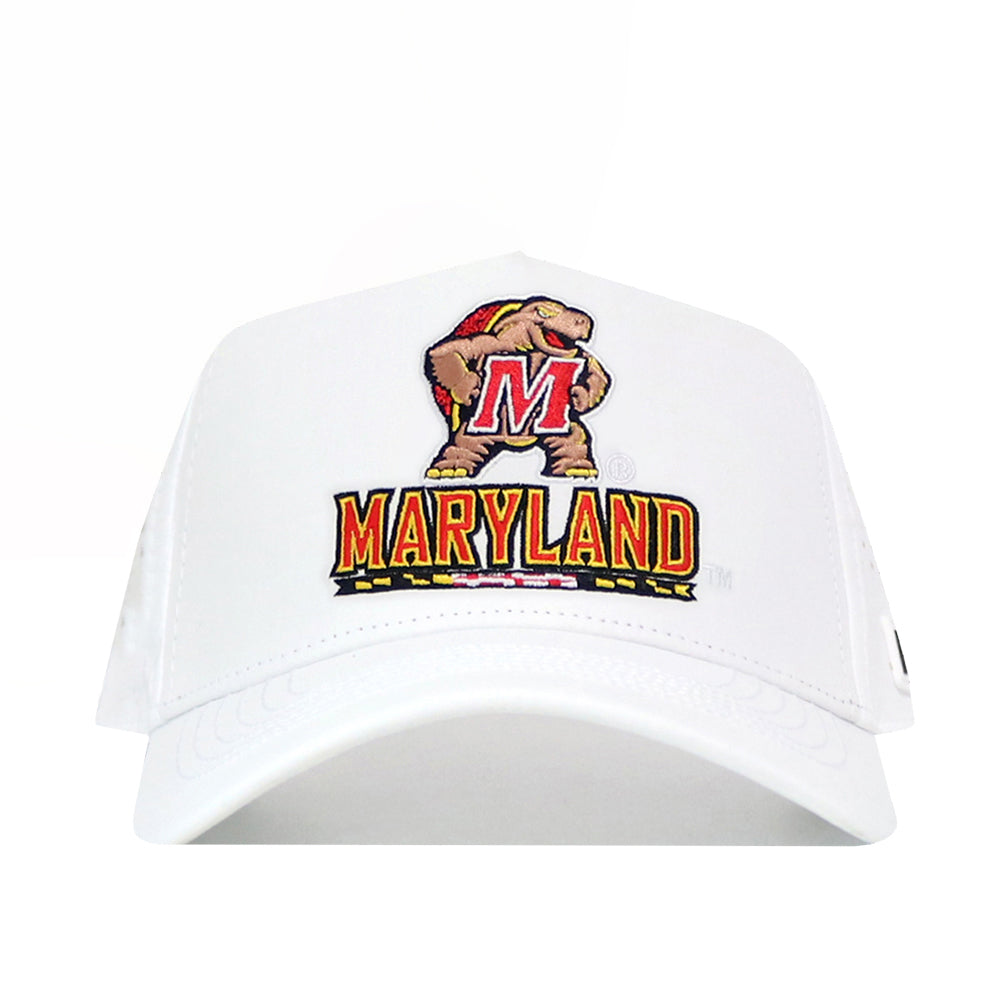 The No Rivals Maryland Golf Hat - White showcases the Terrapins mascot and bold “Maryland” embroidery on the front, plus a snap back closure for adjustable comfort.