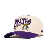 The No Rivals ECU Pirates Stride Hat features beige and purple colors with East Carolina Pirates text and an embroidered pirate logo on the front, a curved purple brim, the signature N logo on the side, and is officially licensed for authentic fan style.