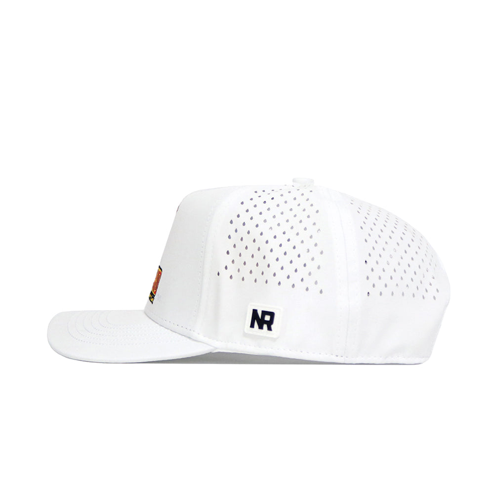 The No Rivals Maryland Golf Hat in white features small side ventilation holes, a stitched NR logo patch above the brim, and stylish embroidered graphics. Shown in profile on a plain white background.