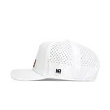 The No Rivals Maryland Golf Hat in white features small side ventilation holes, a stitched NR logo patch above the brim, and stylish embroidered graphics. Shown in profile on a plain white background.