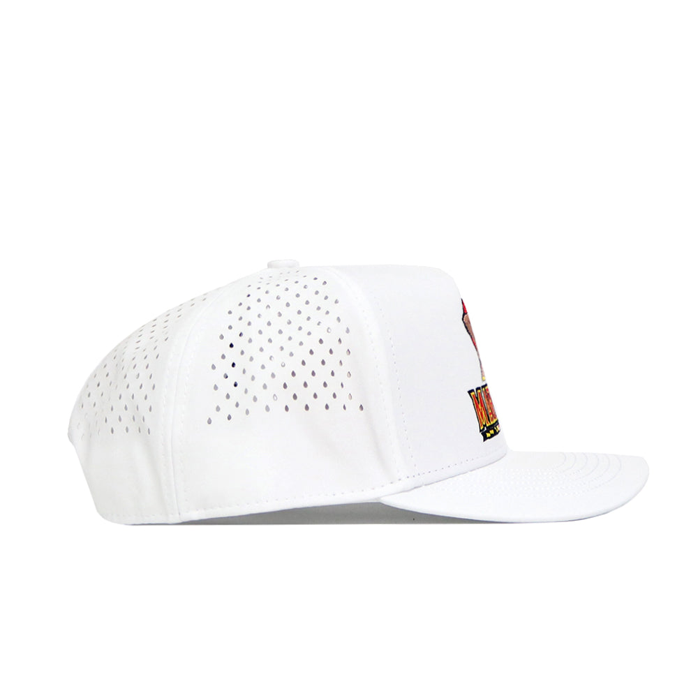 The No Rivals Maryland Golf Hat - White features a side-perforated panel for ventilation, colorful embroidered front graphics, and a stylish snapback design for added flair.