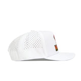 The No Rivals Maryland Golf Hat - White features a side-perforated panel for ventilation, colorful embroidered front graphics, and a stylish snapback design for added flair.