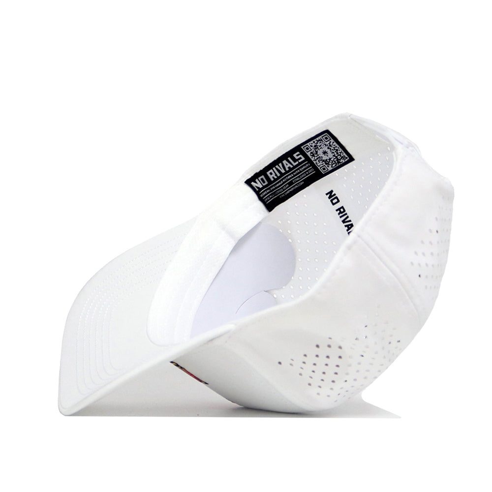 The Maryland Golf Hat - White by No Rivals is shown from the inside, highlighting ventilation holes, a snap back closure, and a black "NO RIVALS" label with a QR code on the inside.