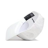 The Maryland Golf Hat - White by No Rivals is shown from the inside, highlighting ventilation holes, a snap back closure, and a black "NO RIVALS" label with a QR code on the inside.