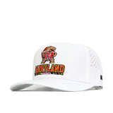 The No Rivals Maryland Golf Hat - White features embroidered Maryland Terrapins mascot and “Maryland” in red and yellow on the front, with side ventilation holes, a curved bill, and an adjustable snap back closure.