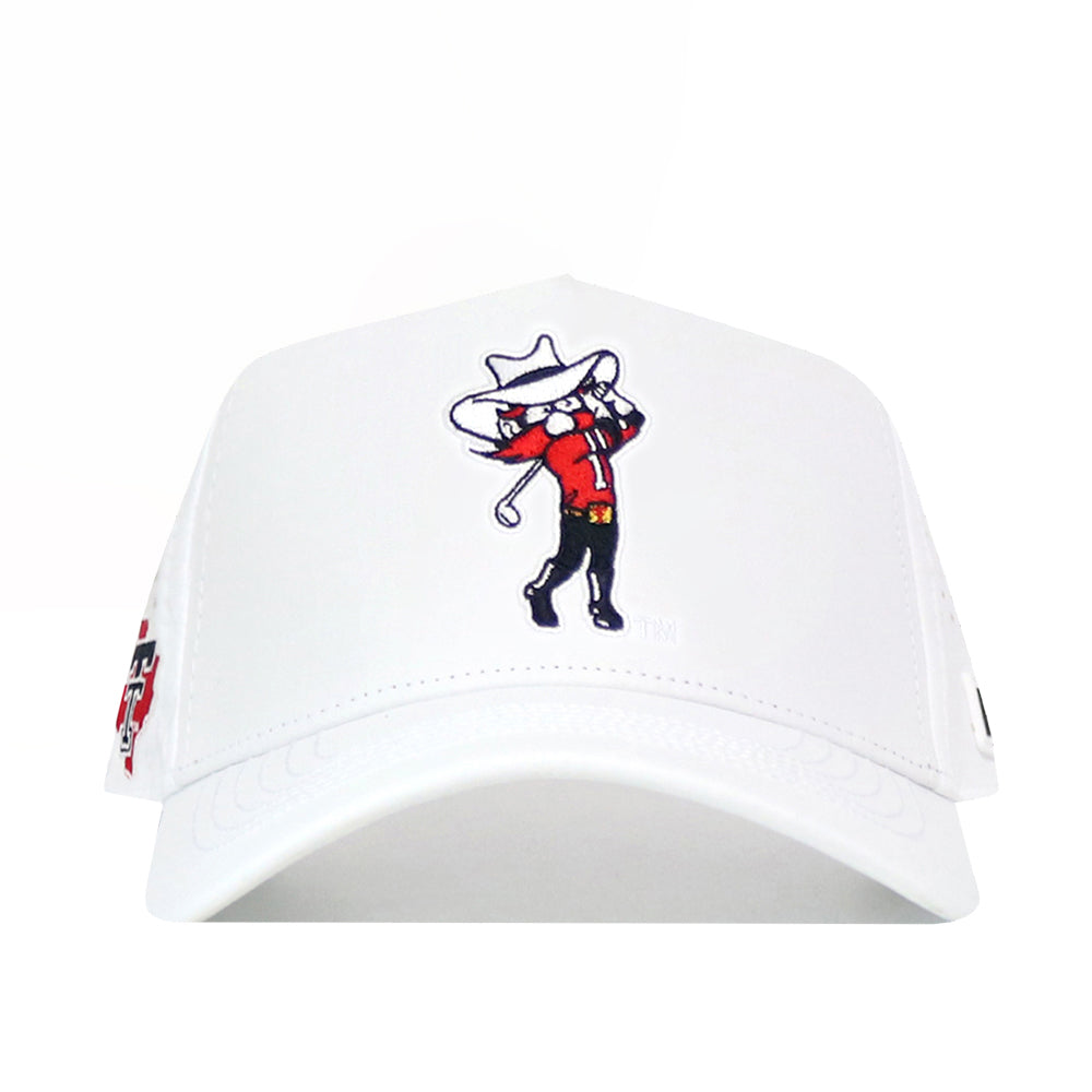 The No Rivals Texas Tech Golf Hat in white features embroidered graphics of a cartoon mascot wearing a cowboy hat and red shirt, swinging a lasso.