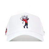 The No Rivals Texas Tech Golf Hat in white features embroidered graphics of a cartoon mascot wearing a cowboy hat and red shirt, swinging a lasso.