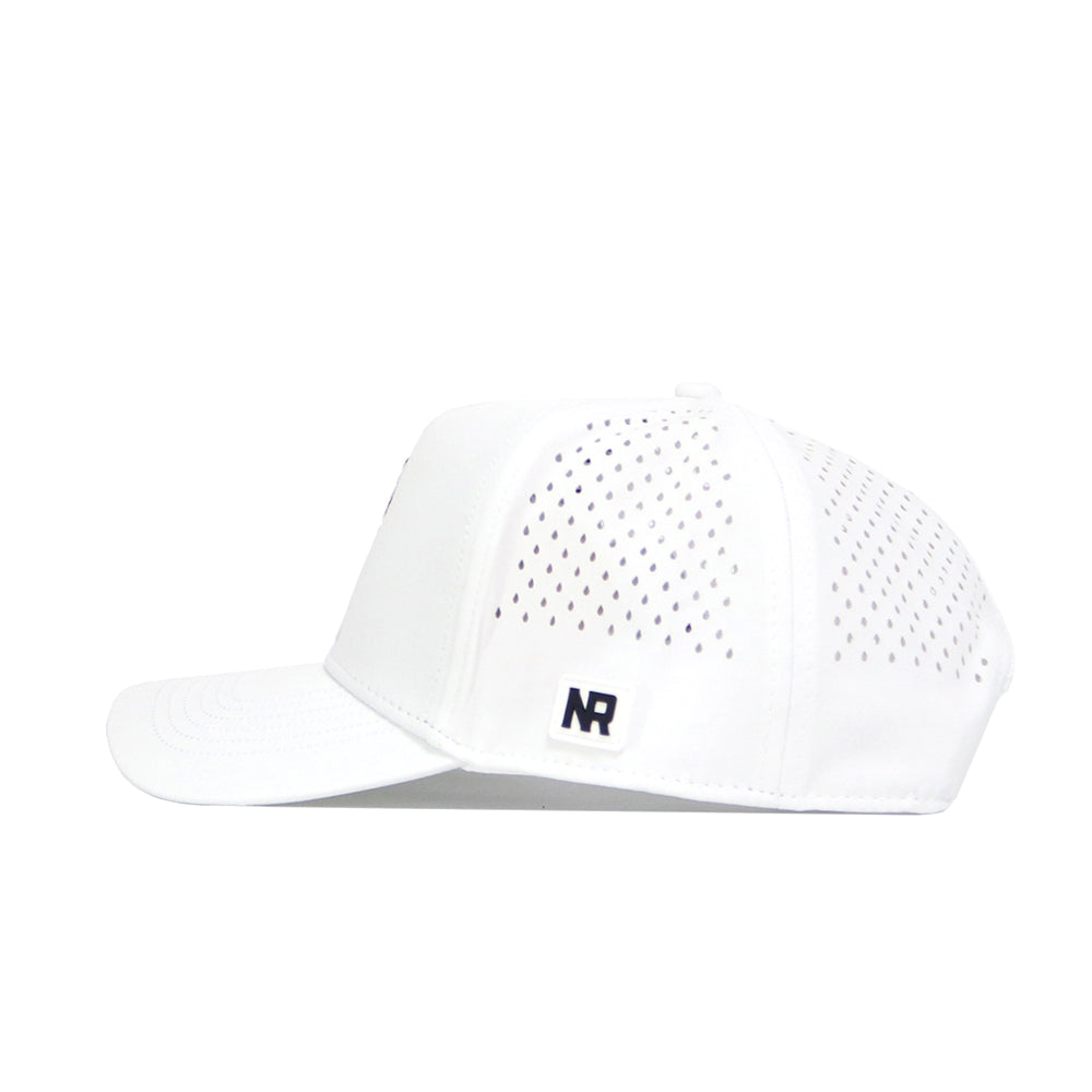 Side view of the No Rivals Texas Tech Golf Hat in white, featuring ventilation holes, a small black NR logo on the side, embroidered graphics, a curved brim, and a structured crown for a sleek style.