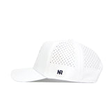 Side view of the No Rivals Texas Tech Golf Hat in white, featuring ventilation holes, a small black NR logo on the side, embroidered graphics, a curved brim, and a structured crown for a sleek style.