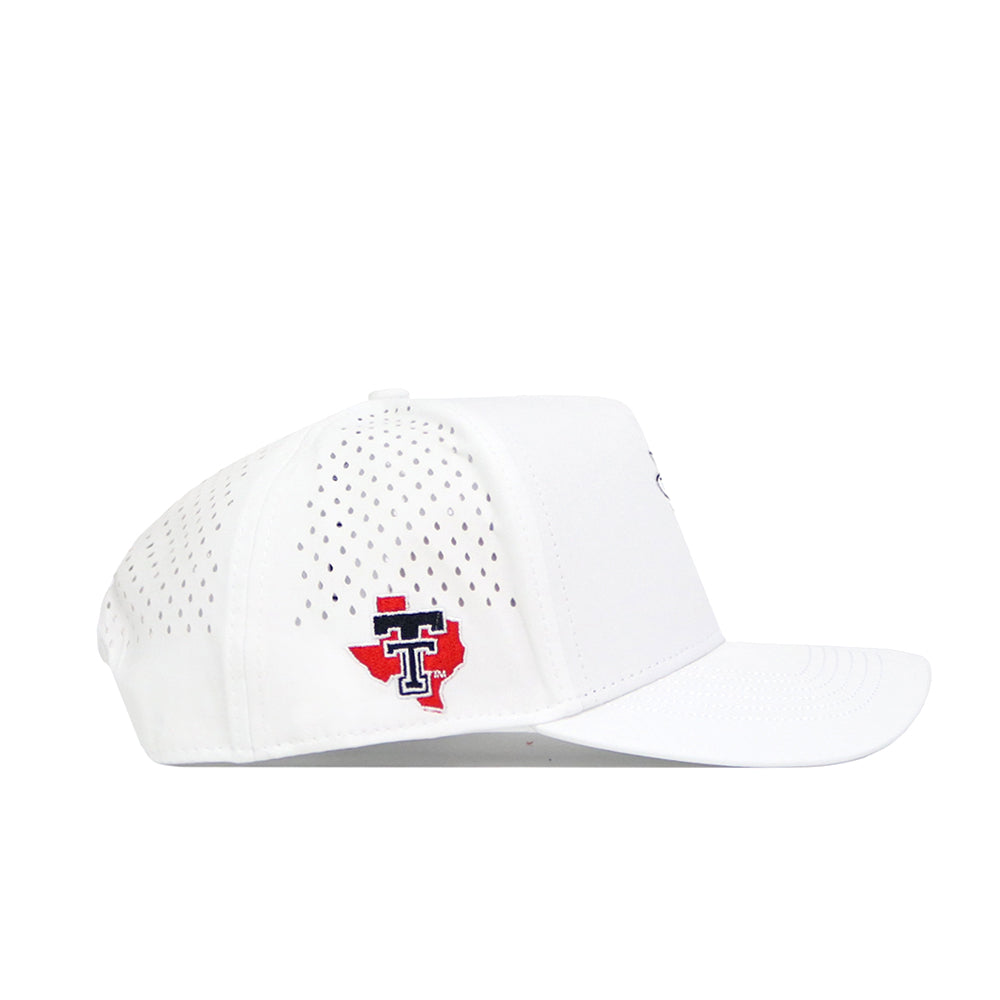 The No Rivals Texas Tech Golf Hat in white features perforated side panels, a red embroidered Texas state outline, and bold black double T logo graphics on the side.