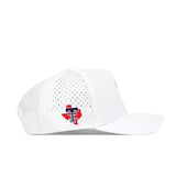 The No Rivals Texas Tech Golf Hat in white features perforated side panels, a red embroidered Texas state outline, and bold black double T logo graphics on the side.