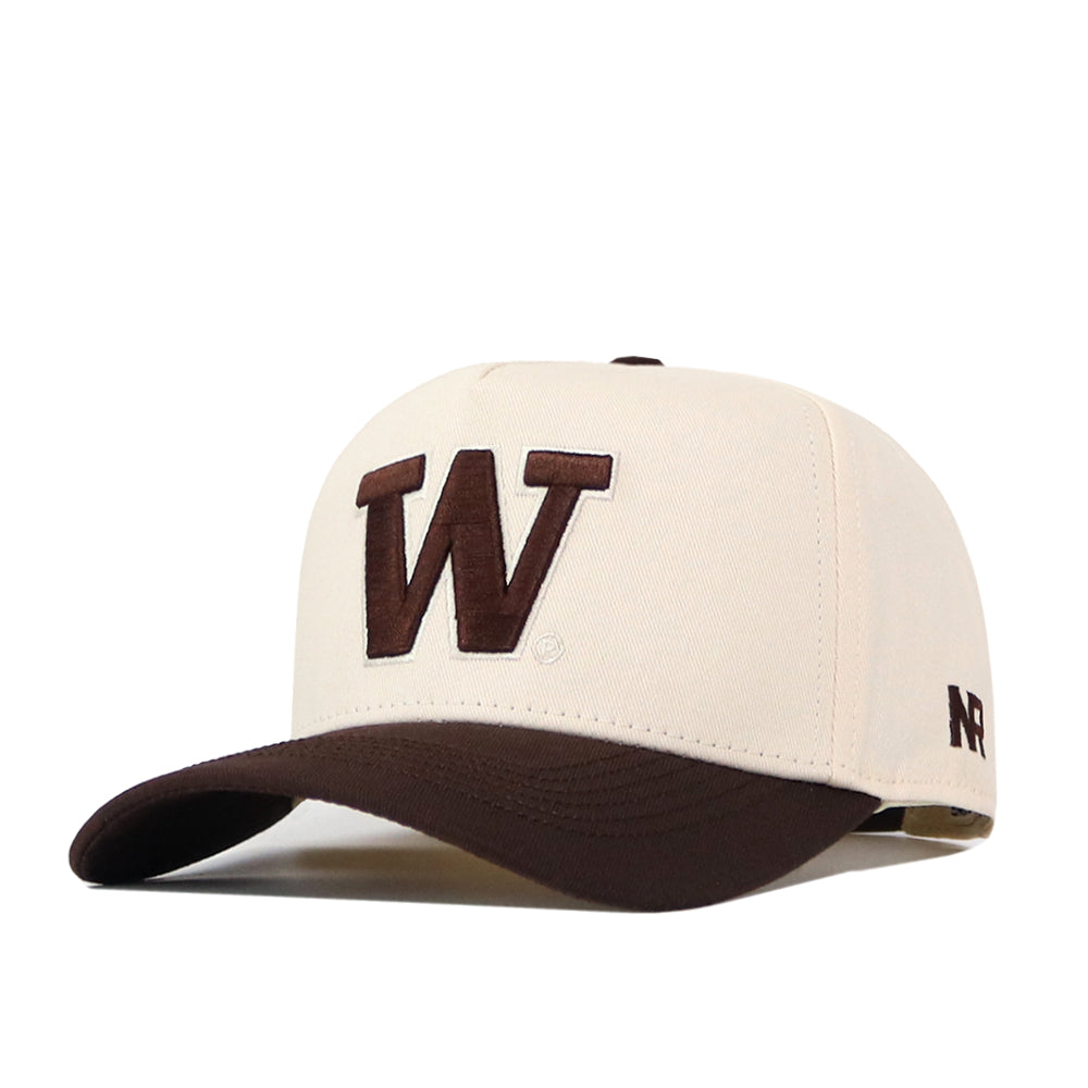 Introducing the Washington Huskies Espresso Hat by No Rivals—a beige baseball cap featuring a bold brown “W” embroidered on the front and a matching brown brim. The left side displays the embroidered “NR” logo, while an adjustable snap back ensures a comfortable fit.