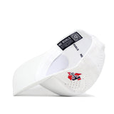 The No Rivals Texas Tech Golf Hat - White features a curved brim, perforated ventilation holes, red, black, and blue embroidered side graphics, a snapback closure for a secure fit, and an inside tag with branding and a QR code.