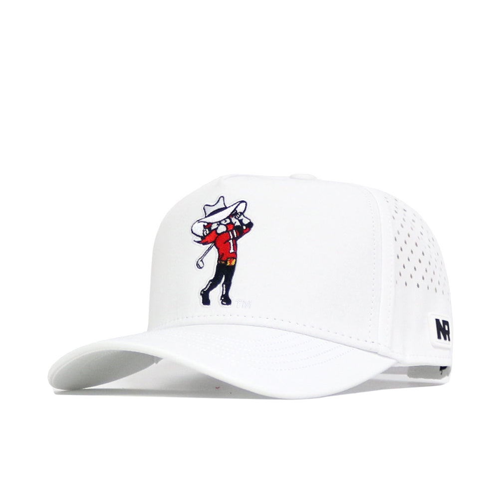 The Texas Tech Golf Hat - White by No Rivals is a white snapback with mesh sides, front embroidery of a cartoon in a cowboy hat and red shirt, and an NR logo on the brim.