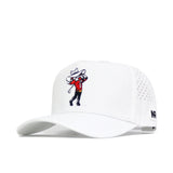 The Texas Tech Golf Hat - White by No Rivals is a white snapback with mesh sides, front embroidery of a cartoon in a cowboy hat and red shirt, and an NR logo on the brim.