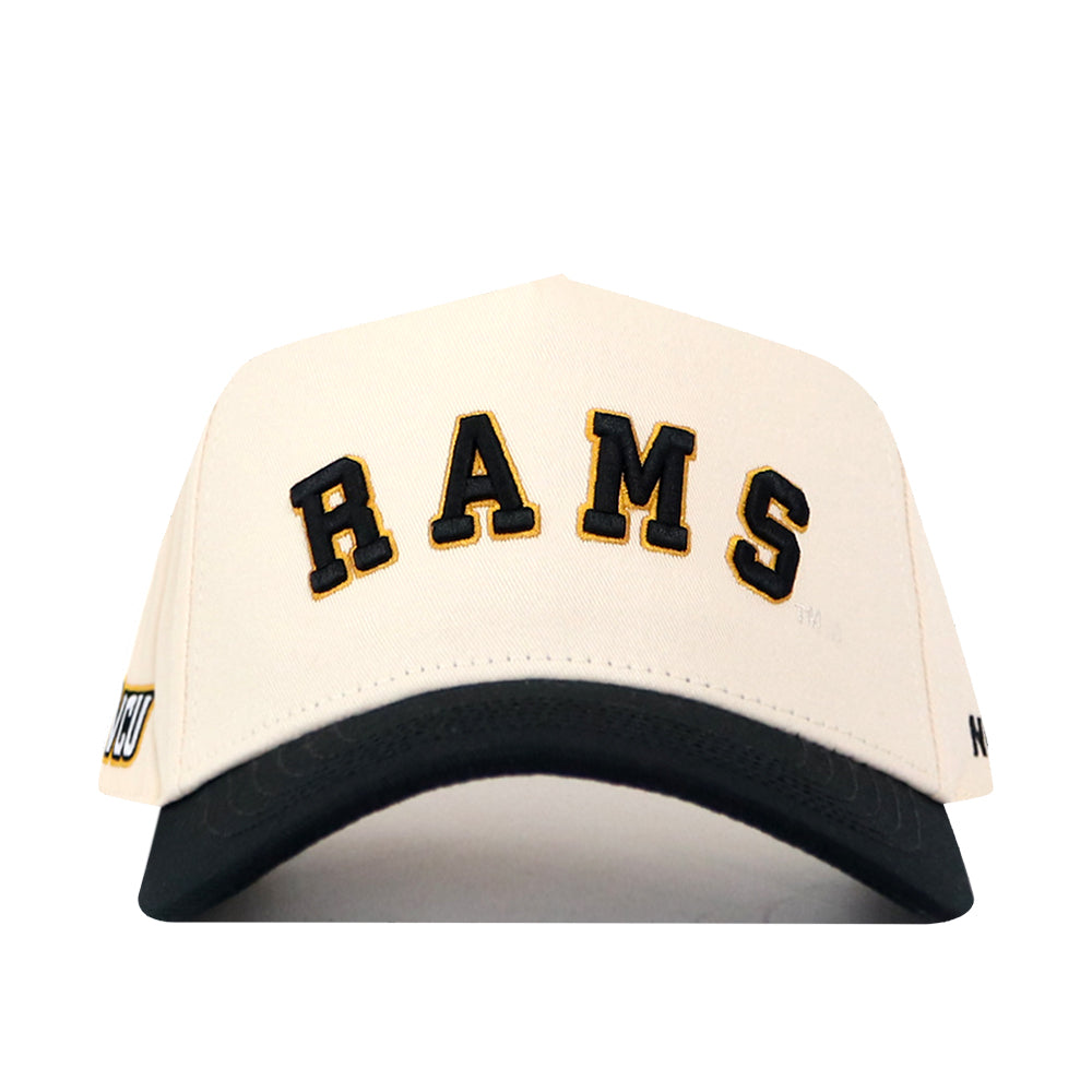 Show your team spirit with the No Rivals Right Side Up Rams Hat - VCU - Classic, a beige and black baseball cap featuring “RAMS” in bold, black letters outlined in yellow across the front and finished with crisp embroidery for a polished gameday look.