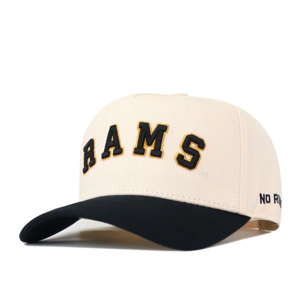 Elevate your gameday look with the Right Side Up Rams Hat - VCU - Classic by No Rivals: this cream-colored snapback features a striking black and gold embroidered RAMS logo on the front and a sleek black curved brim, making it the perfect finishing touch for ultimate team spirit.