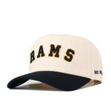 Elevate your gameday look with the Right Side Up Rams Hat - VCU - Classic by No Rivals: this cream-colored snapback features a striking black and gold embroidered RAMS logo on the front and a sleek black curved brim, making it the perfect finishing touch for ultimate team spirit.