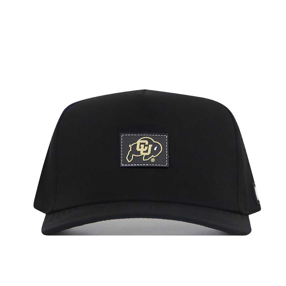 Introducing the No Rivals Colorado Buffaloes Trainer Hat—a structured fit snapback crafted from durable cotton for lasting comfort. Featuring a striking gold and white buffalo logo patch on the front panel, this black cap offers both style and versatility.