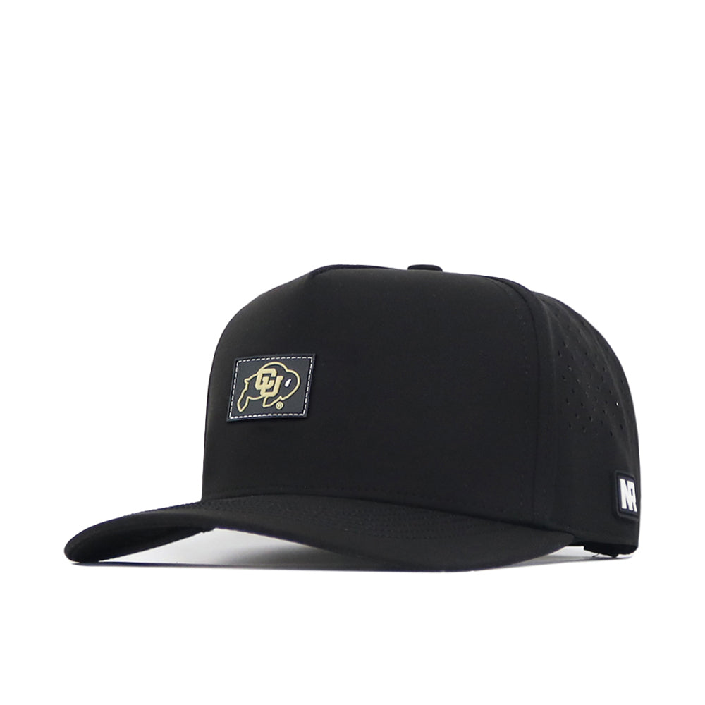 The Colorado Buffaloes Trainer Hat by No Rivals is a black snapback with a flat brim and structured fit, featuring a rectangular patch on the front with a gold buffalo and CU letters, plus a small NR logo tag on the side. Made from high-quality cotton for lasting comfort.