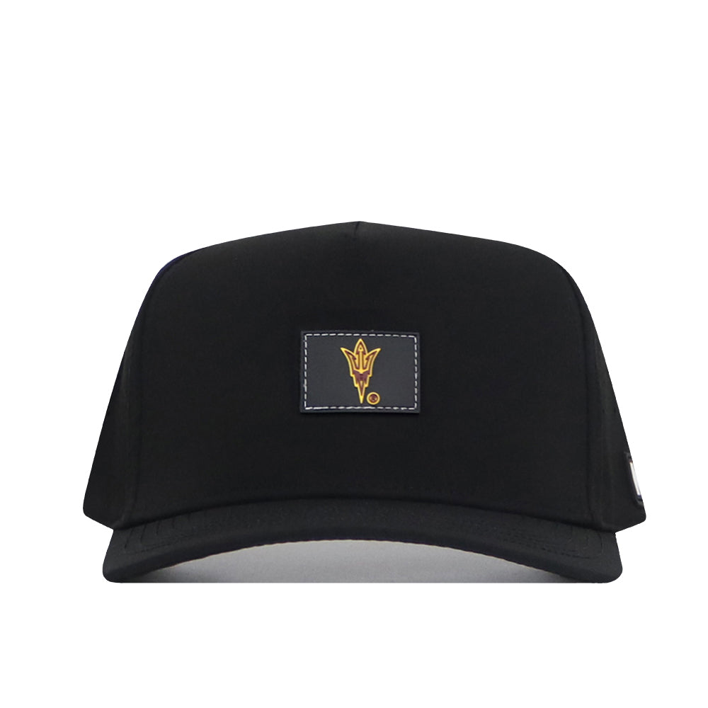 The Arizona State Sun Devils Trainer Hat by No Rivals is a black snapback cap featuring a rectangular patch on the front with a bold yellow pitchfork emblem at its center. Made from high-quality cotton for lasting durability and comfort, this hat showcases a stitched border around the patch, a slightly curved brim, and a structured fit.