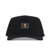The Arizona State Sun Devils Trainer Hat by No Rivals is a black snapback cap featuring a rectangular patch on the front with a bold yellow pitchfork emblem at its center. Made from high-quality cotton for lasting durability and comfort, this hat showcases a stitched border around the patch, a slightly curved brim, and a structured fit.