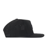 Arizona State Sun Devils Trainer Hat by No Rivals, a black flat-brim baseball cap with a structured fit, made from high-quality cotton and featuring small perforations on the side and crown, shown from the left profile against a white background.