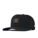 The No Rivals Arizona State Sun Devils Trainer Hat is a black snapback featuring a structured fit and flat brim, crafted from high-quality cotton for a premium feel. It displays a small embroidered yellow trident patch on the front, has ventilation holes on the sides, and includes a logo tag on the left side to ensure lasting comfort and style.