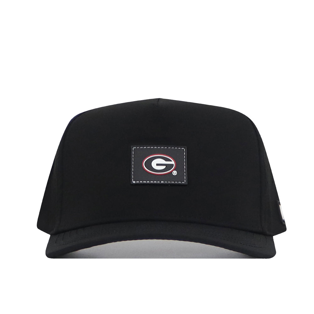 Step up your game with the Georgia Bulldogs Trainer Hat by No Rivals, featuring a black design with a rectangular patch showcasing the University of Georgia “G” logo in black, red, and white on the front center. This snapback offers a flat brim and structured crown for a modern look, and is crafted from high-quality cotton to ensure lasting comfort and durability.