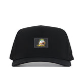 The Oregon Ducks Trainer Hat by No Rivals is a black snapback cap made from high-quality cotton for lasting comfort and durability. It features a structured fit and showcases a rectangular patch with a cartoon duck logo on the front center, making it a stylish and practical choice for everyday wear.
