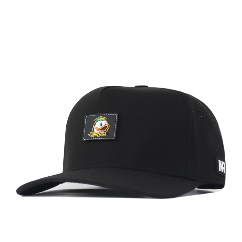 Introducing the Oregon Ducks Trainer Hat by No Rivals—a black snapback with a flat brim, featuring a small cartoon duck patch on the front and a white NR logo on the side. This structured cap is crafted from high-quality cotton for comfort and durability.
