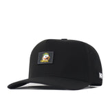Introducing the Oregon Ducks Trainer Hat by No Rivals—a black snapback with a flat brim, featuring a small cartoon duck patch on the front and a white NR logo on the side. This structured cap is crafted from high-quality cotton for comfort and durability.