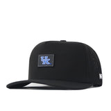 Introducing the Kentucky Wildcats Trainer Hat by No Rivals—a black structured fit snapback crafted from high-quality cotton. It features a flat bill, small ventilation holes for added comfort, an eye-catching blue and white UK logo patch on the front panel, and a subtle No Rivals logo on the side.