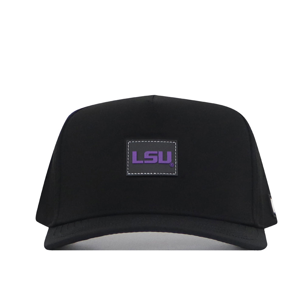 Introducing the LSU Tigers Trainer Hat by No Rivals—a black snapback crafted from high-quality cotton, featuring a purple LSU logo patch on the front for a comfortable and structured fit.
