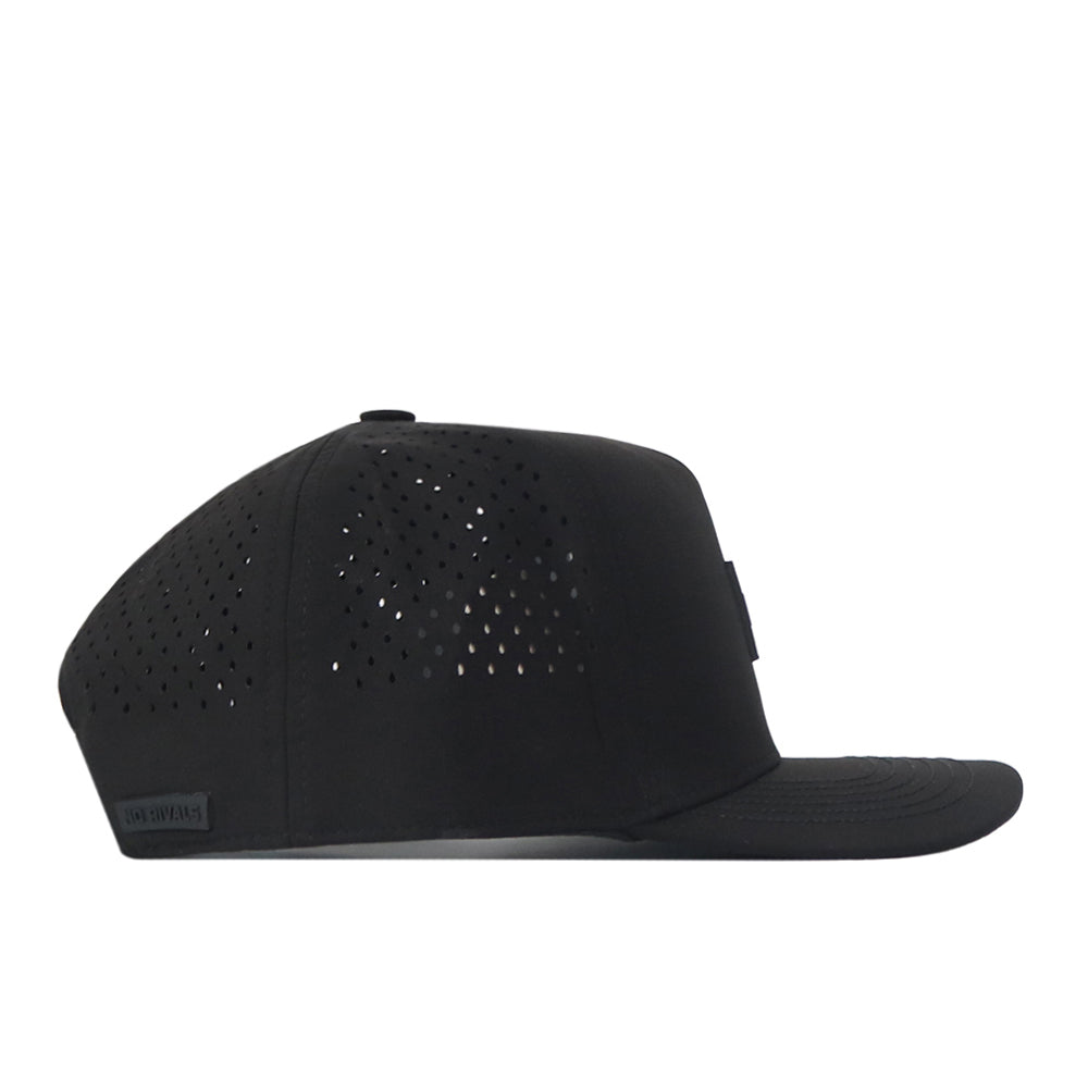 Side view of the No Rivals LSU Tigers Trainer Hat—a black snapback with a flat brim, small perforations on the sides and back for ventilation, and a structured fit crafted from high quality cotton.