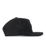 Side view of the No Rivals LSU Tigers Trainer Hat—a black snapback with a flat brim, small perforations on the sides and back for ventilation, and a structured fit crafted from high quality cotton.