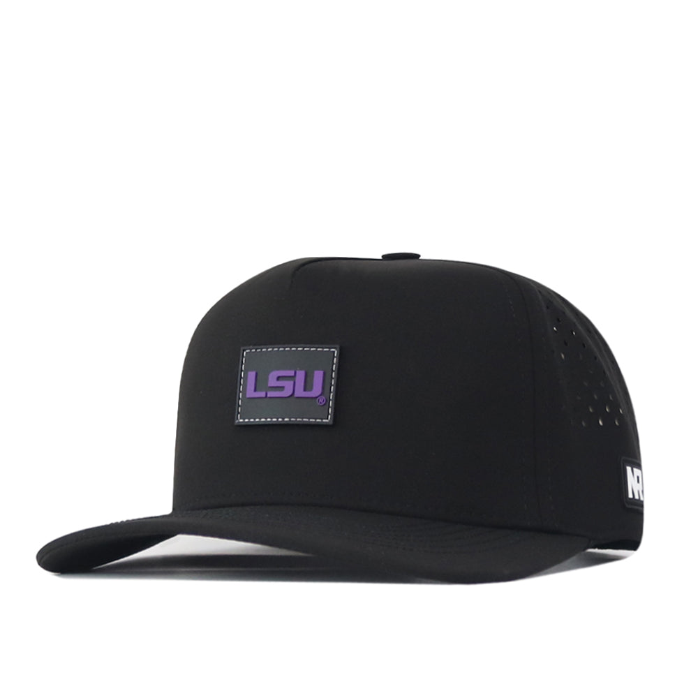 The No Rivals LSU Tigers Trainer Hat is a black snapback featuring a structured fit, crafted from high-quality cotton, with a purple LSU logo on the front and small ventilation holes on the sides.