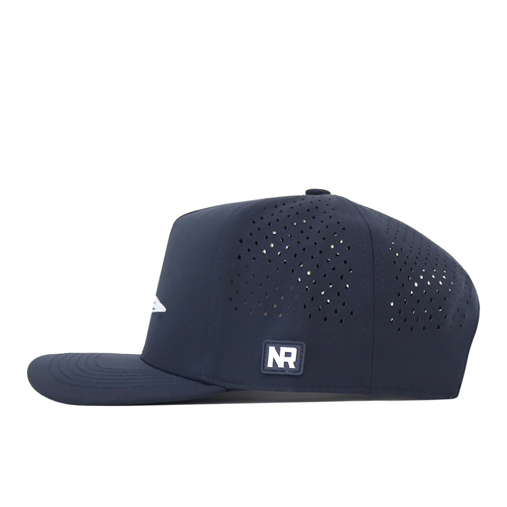 Side profile of a navy blue Georgia Tech Yellow Jackets Football Mascot Hat - Navy performance fabric baseball cap with perforated side panels and a small square embroidered logo on the temple.