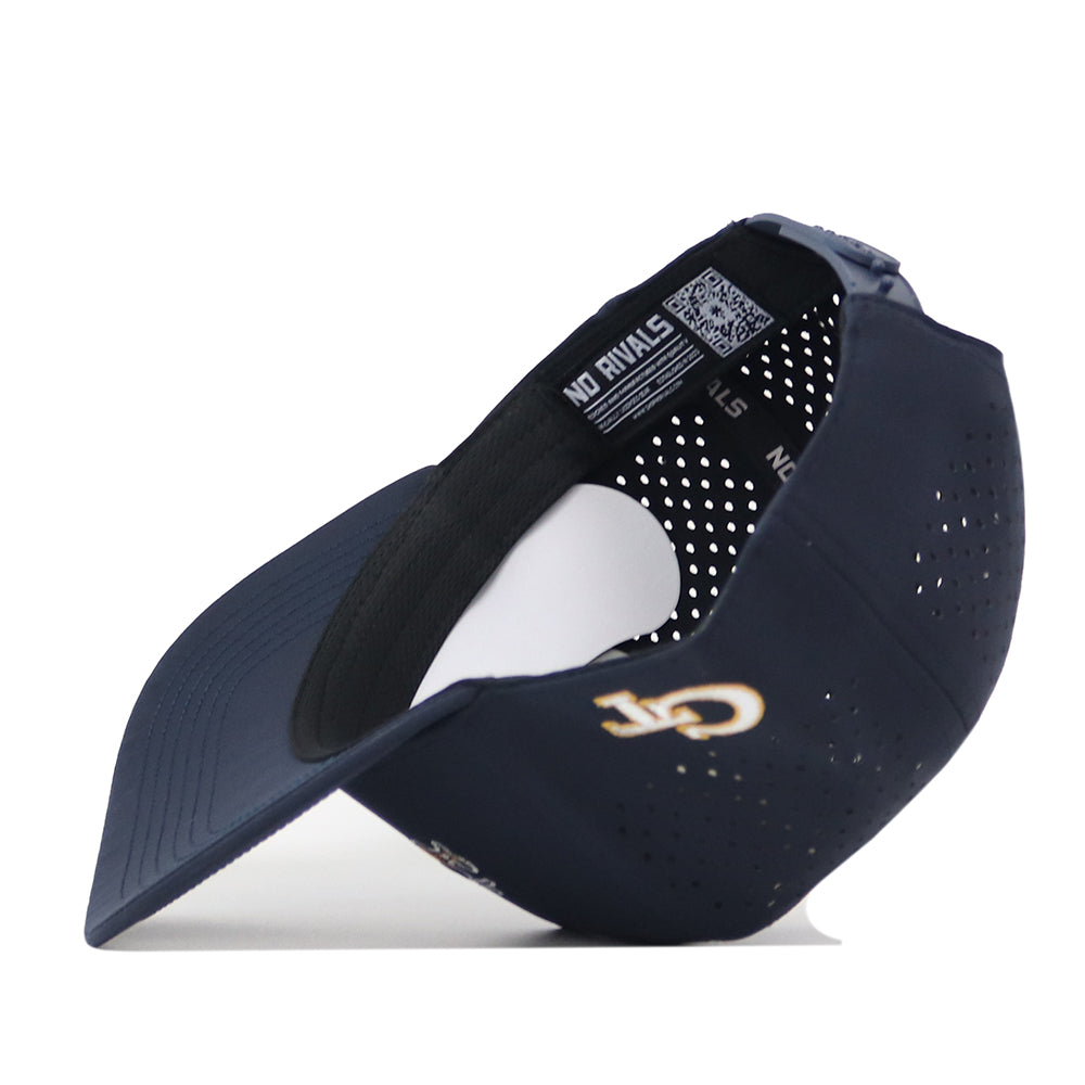 Navy blue Georgia Tech Yellow Jackets Football Mascot Hat - Navy featuring a gold embroidered logo on the side, a perforated back, and a view of the interior headband and branding.