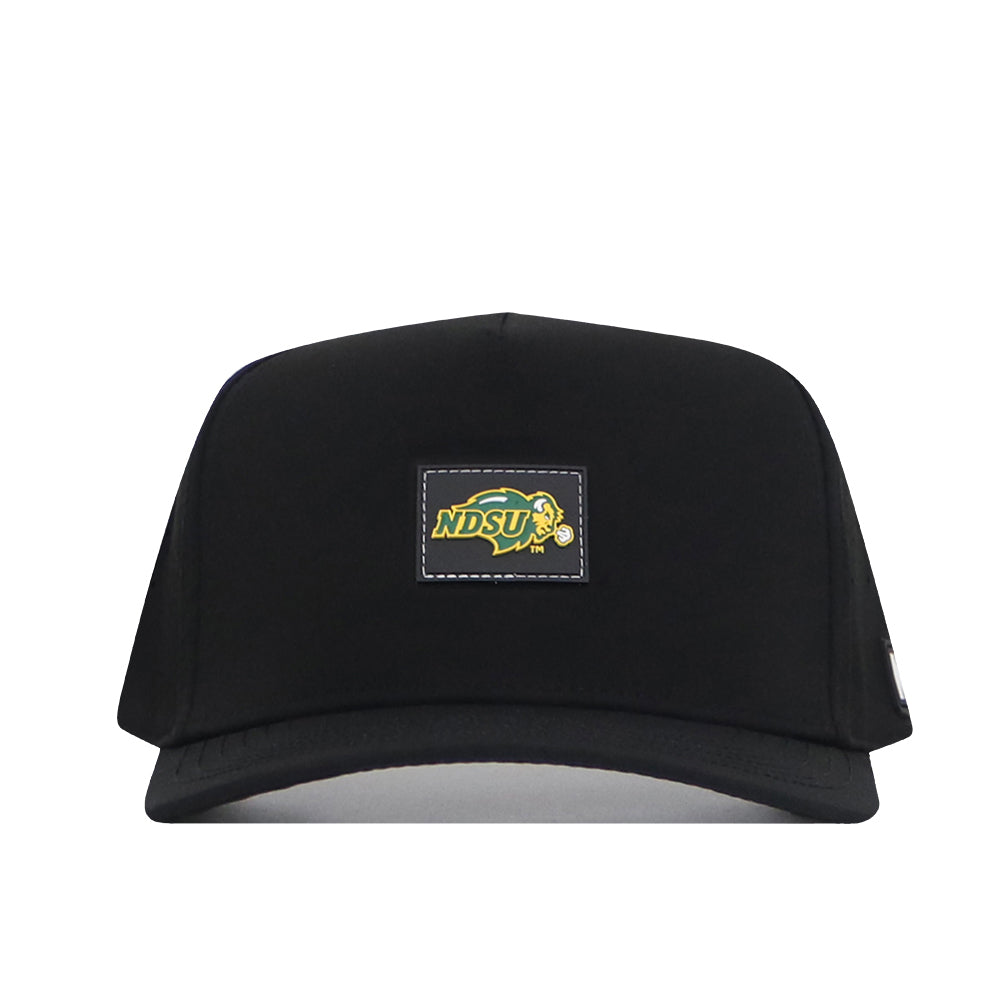 The North Dakota State Bison Trainer Hat by No Rivals is a black baseball cap featuring a rectangular patch on the front with the NDSU logo and yellow bison mascot. This officially licensed hat includes a snapback closure for an adjustable and comfortable gameday fit.