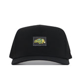 The North Dakota State Bison Trainer Hat by No Rivals is a black baseball cap featuring a rectangular patch on the front with the NDSU logo and yellow bison mascot. This officially licensed hat includes a snapback closure for an adjustable and comfortable gameday fit.