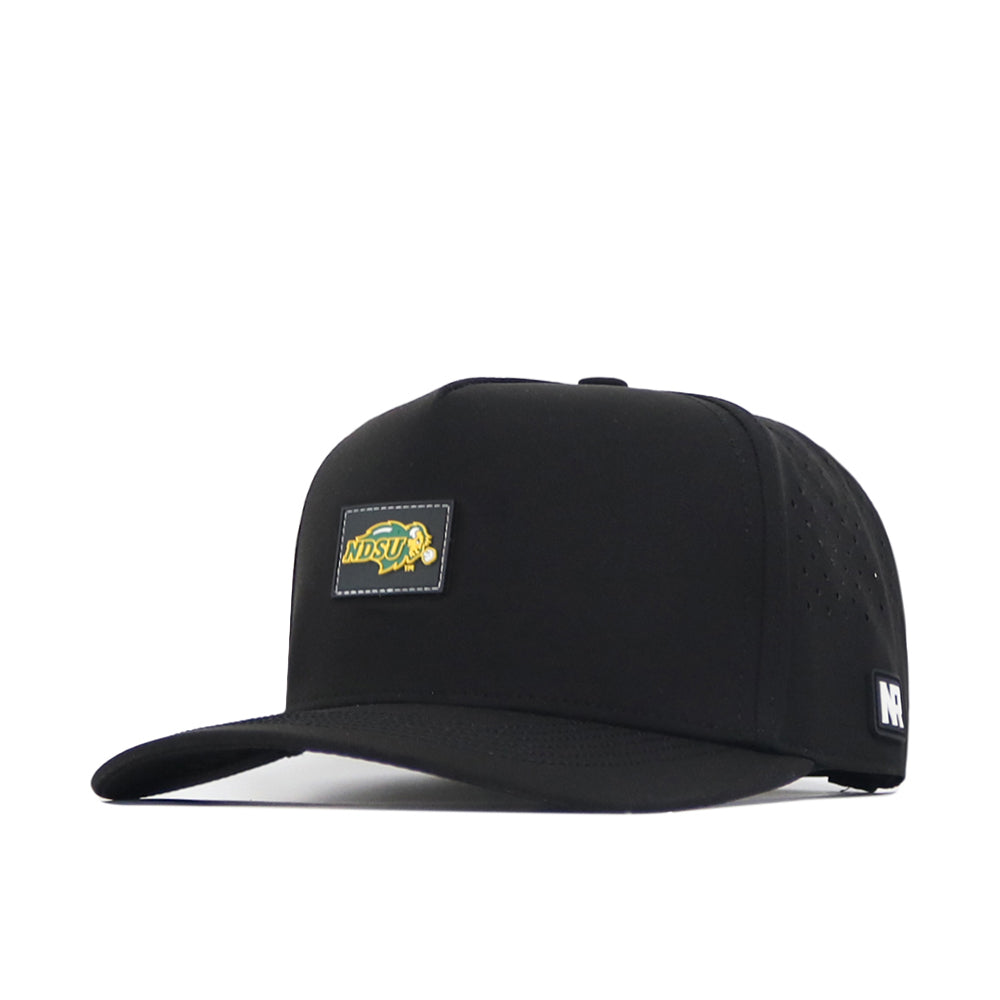 The No Rivals North Dakota State Bison Trainer Hat is a black snapback cap with a flat brim, highlighted by a yellow and green NDSU logo patch on the front and an NR label on the side—making this officially licensed hat the perfect gameday fit.