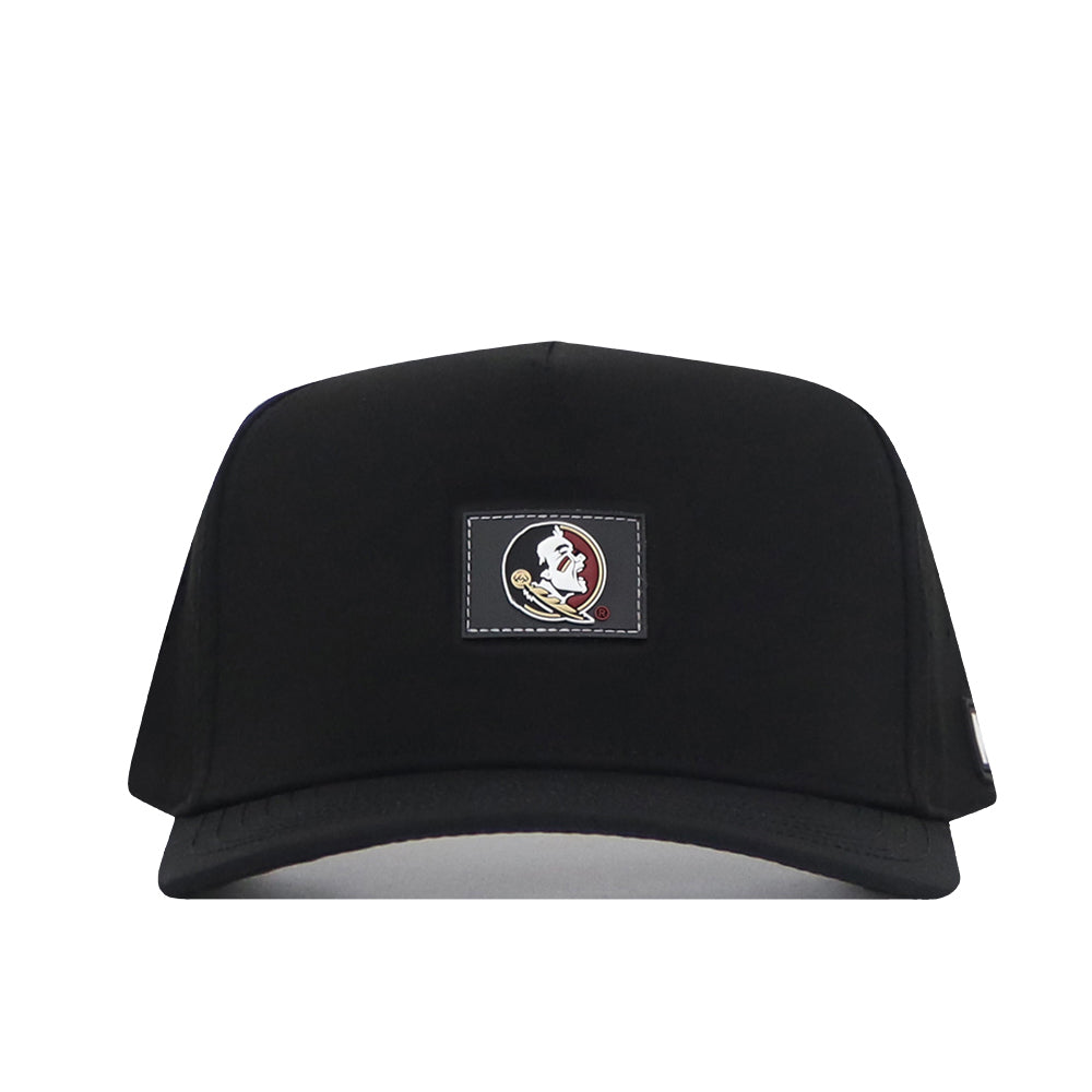 Introducing the Florida State Seminoles Trainer Hat by No Rivals—a black snapback hat with a structured fit, expertly crafted from high-quality cotton. This hat features a rectangular front patch showcasing a distinctive logo of a profile in a circle, adorned with red, black, white, and gold details.